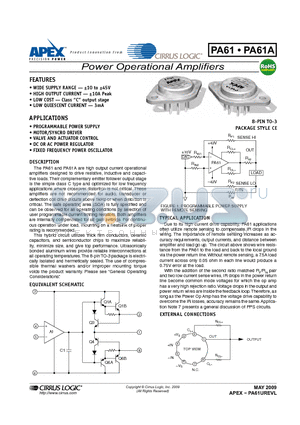 PA61 datasheet - Power Operational Amplifiers