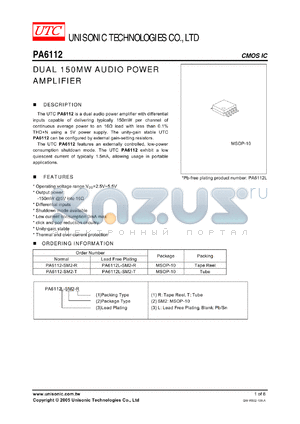 PA6112 datasheet - DUAL 150MW AUDIO POWER AMPLIFIER