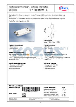 FF150R12MT4 datasheet - EconoDUAL2 Modul mit schnellem Trench/Feldstopp IGBT4 und Emitter Controlled 4 Diode und NTC