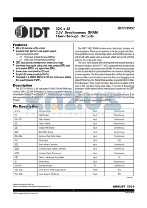 IDT71V433 datasheet - 32K x 32 3.3V Synchronous SRAM Flow-Through Outputs