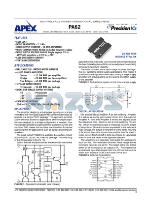 PA62 datasheet - HIGH VOLTAGE POWER OPERATIONAL AMPLIFIERS