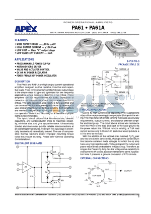 PA61A datasheet - POWER OPERATIONAL AMPLIFIERS