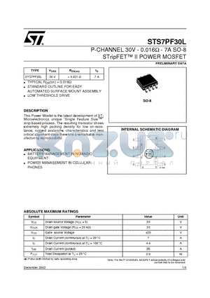 STS7PF30L datasheet - P-CHANNEL 30V - 0.016ohm - 7A SO-8 STripFET II POWER MOSFET