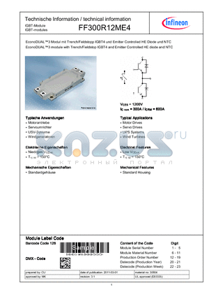 FF300R12ME4 datasheet - EconoDUAL3 module with Trench/Fieldstop IGBT4 and Emitter Controlled HE diode and NTC