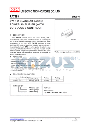 PA7493 datasheet - 2W X 2 CLASS AB AUDIO POWER AMPLIFIER (WITH DC_VOLUME CONTROL)