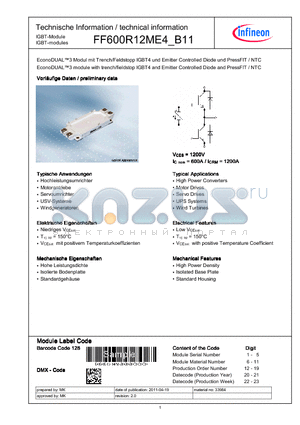 FF600R12ME4_B11 datasheet - EconoDUAL3 module with trench/fieldstop IGBT4 and Emitter Controlled Diode and PressFIT / NTC