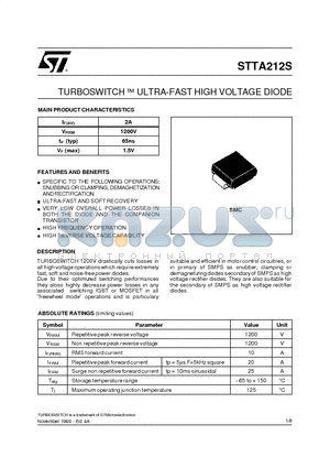 STTA212S datasheet - TURBOSWITCH  ULTRA-FAST HIGH VOLTAGE DIODE