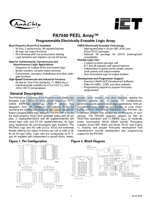 PA7540JI-15 datasheet - PA7540 PEEL Array Programmable Electrically Erasable Logic Array