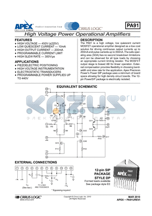 PA91 datasheet - High Voltage Power Operational Amplifiers