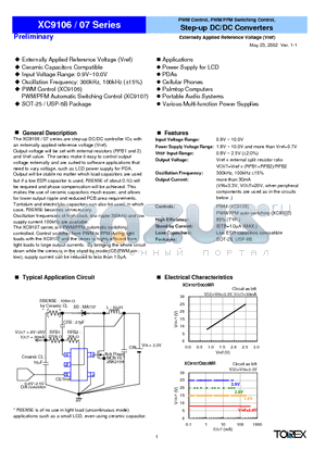 XC910607 datasheet - PWM Control, PWM/PFM Switching Control, Step-up DC/DC Converters