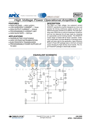 PA91_09 datasheet - High Voltage Power Operational Amplifiers