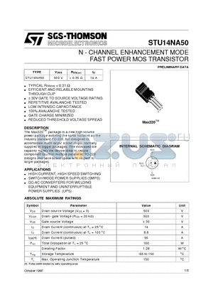 STU14NA50 datasheet - N - CHANNEL ENHANCEMENT MODE FAST POWER MOS TRANSISTOR