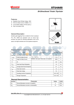 STU4A60 datasheet - Bi-Directional Triode Thyristor