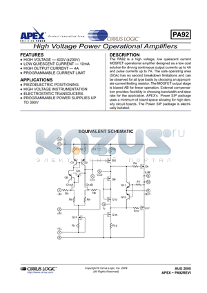 PA92 datasheet - High Voltage Power Operational Amplifiers