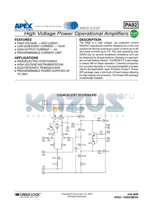PA92 datasheet - High Voltage Power Operational Amplifiers
