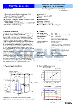 XC9107D datasheet - PWM Control, PWM/PFM Switching Control, Step-up DC/DC Converters