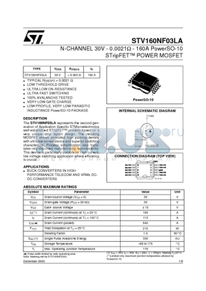 STV160NF03LA datasheet - N-CHANNEL 30V - 0.0021OHM - 160A PowerSO-10 STripFET TM POWER MOSFET