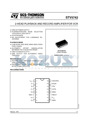 STV5742 datasheet - 2-HEAD PLAYBACK AND RECORD AMPLIFIER FOR VCR