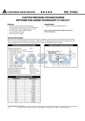 PAC27A03SR datasheet - P/ACTIVE PRECISION VOLTAGE DIVIDER NETWORK FOR LINEAR TECHNOLOGY LT1430/1017