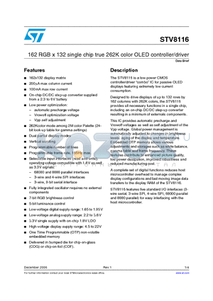 STV8116 datasheet - 162 RGB x 132 single chip true 262K color OLED controller/driver