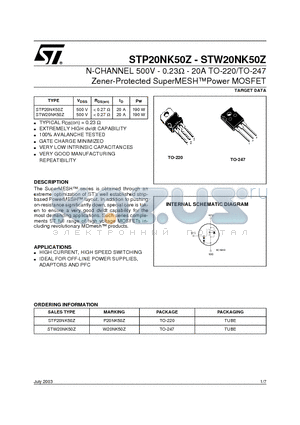 STW20NK50Z datasheet - N-CHANNEL 500V - 0.23ohm - 20A TO-220/TO-247 Zener-Protected SuperMESHPower MOSFET