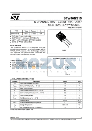 STW40NS15 datasheet - N-CHANNEL 150V - 0.042ohm - 40A TO-247 MESH OVERLAY MOSFET