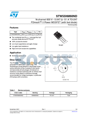 STW55NM60ND datasheet - N-channel 600 V - 0.047 Y - 51 A TO-247 FDmesh II Power MOSFET (with fast diode)