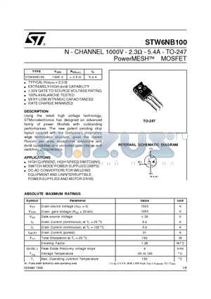 STW6NB100 datasheet - N - CHANNEL 1000V - 2.3ohm - 5.4A - TO-247 PowerMESH  MOSFET