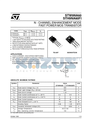 STW9NA60 datasheet - N - CHANNEL ENHANCEMENT MODE FAST POWER MOS TRANSISTOR