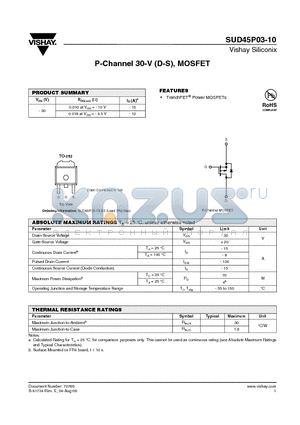 SUD45P03-10-E3 datasheet - P-Channel 30-V (D-S), MOSFET