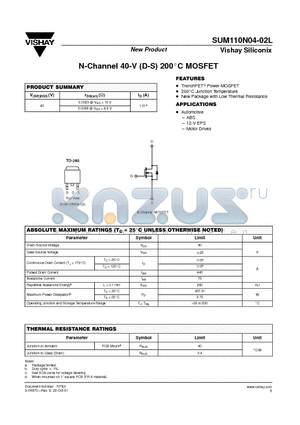 SUM110N04-02L datasheet - N-Channel 40-V (D-S) 200 Degree Celcious MOSFET