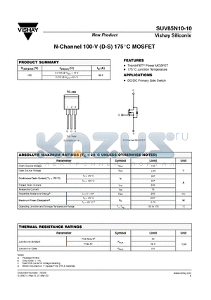 SUV85N10-10 datasheet - N-Channel 100-V (D-S) 175 Degree Celcious MOSFET