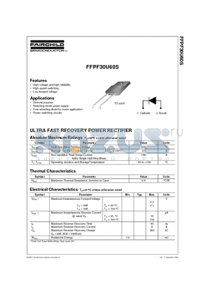 FFPF30U60S datasheet - ULTRA FAST RECOVERY POWER RECTIFIER