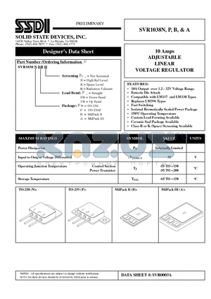 SVR1038A datasheet - 10 Amps ADJUSTABLE LINEAR VOLTAGE REGULATOR