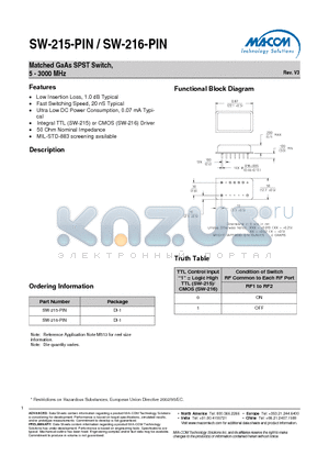 SW-215-PIN datasheet - Matched GaAs SPST Switch, 5 - 3000 MHz