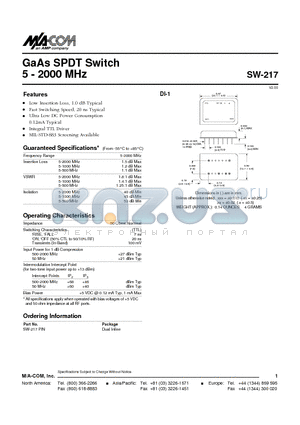 SW-217PIN datasheet - GaAs SPDT Switch 5 - 2000 MHz