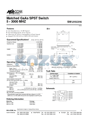 SW-215 datasheet - Matched GaAs SPST Switch 5 - 3000 MHZ