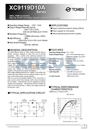 XC9119D10AER datasheet - 1MHz, PWM Controlled, Step-Up DC/DC Converter, Ceramic Capacitor Compatible