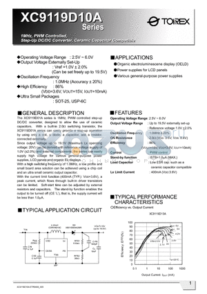 XC9119D10A datasheet - 1MHz, PWM Controlled, Step-Up DC/DC Converter, Ceramic Capacitor Compatible