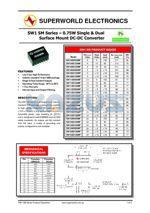 SW115S12SMF datasheet - 0.75W Single & Dual Surface Mount DC-DC Converter