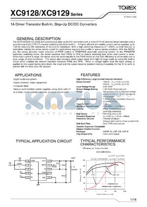 XC9129 datasheet - 1A Driver Transistor Built-In, Step-Up DC/DC Converters