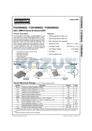 FGB30N6S2 datasheet - 600V, SMPS II Series N-Channel IGBT