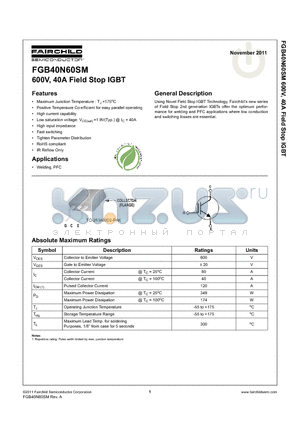 FGB40N60SM datasheet - 600V, 40A Field Stop IGBT