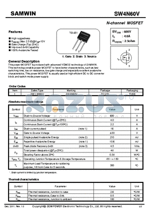 SW4N60V datasheet - N-channel MOSFET