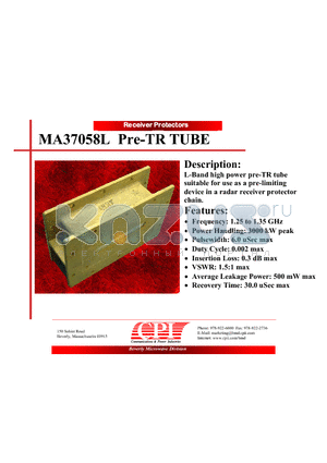 MA37058L datasheet - L-Band high power pre-TR tube suitable for use as a pre-limiting device in a radar receiver protector chain