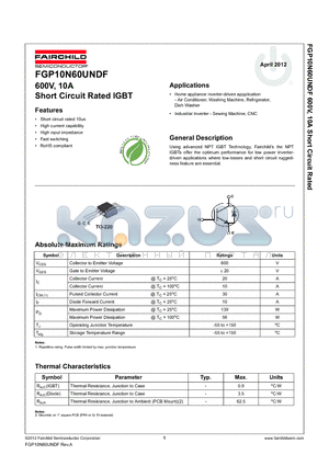 FGP10N60UNDF datasheet - 600V, 10A Short Circuit Rated IGBT