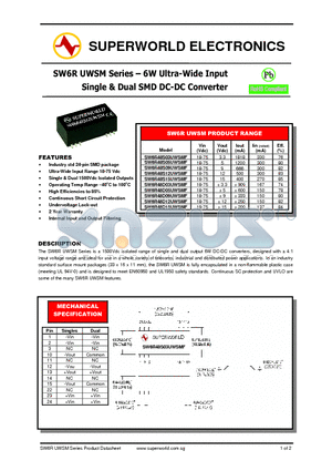 SW6R48S15UWSMF datasheet - 6W Ultra-Wide Input Single & Dual SMD DC-DC Converter