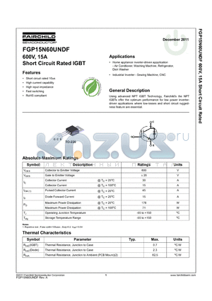 FGP15N60UNDF datasheet - 600V, 15A Short Circuit Rated IGBT