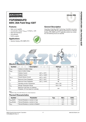 FGP20N60UFDTU datasheet - 600V, 20A Field Stop IGBT