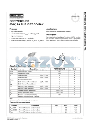 FGP7N60RUFD datasheet - 600V, 7A RUF IGBT CO-PAK